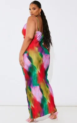 Plus Multi Printed Plisse Cowl Neck Maxi Dress