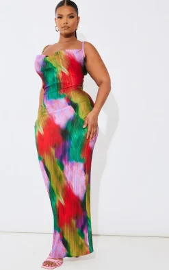 Plus Multi Printed Plisse Cowl Neck Maxi Dress