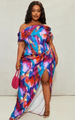 Plus Multi Printed Ruched Side Maxi Skirt
