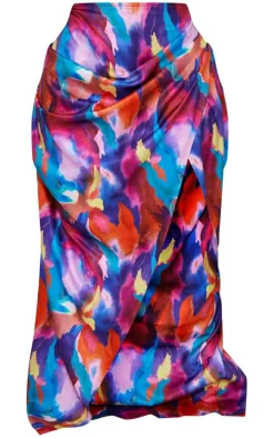 Plus Multi Printed Ruched Side Maxi Skirt