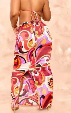 Plus Multi Printed Satin Mid Rise Maxi Skirt