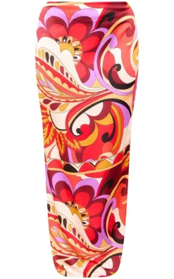 Plus Multi Printed Satin Mid Rise Maxi Skirt