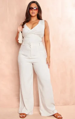 Plus Natural Linen Look Wide Leg Pants