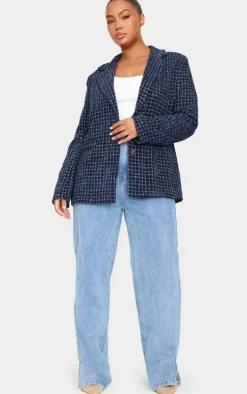 Plus Navy Boucle Check Blazer
