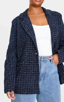 Plus Navy Boucle Check Blazer
