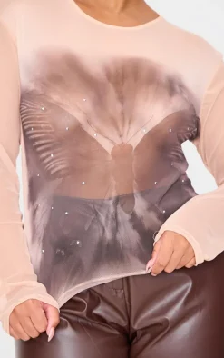 Plus Nude Butterfly Printed Hot Fix Mesh Top