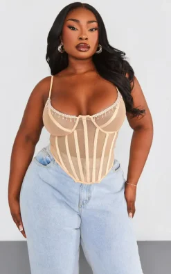 Plus Nude Diamante Trim Mesh Corset