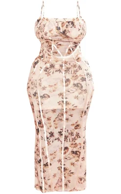 Plus Nude Floral Print Mesh Binding Detail Midaxi Dress