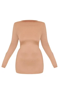 Plus Nude Hot Fix Long Sleeve Mini Dress