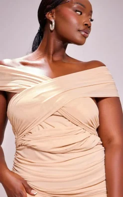 Plus Nude Mesh One Shoulder Detail Ruched Bodycon Dress