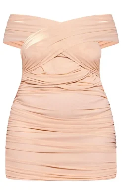 Plus Nude Mesh One Shoulder Detail Ruched Bodycon Dress