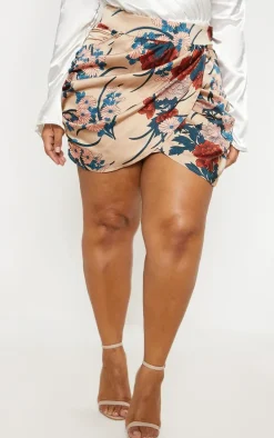 Plus Nude Satin Floral Print Gathered Mini Skirt