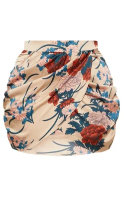 Plus Nude Satin Floral Print Gathered Mini Skirt