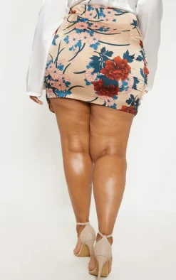 Plus Nude Satin Floral Print Gathered Mini Skirt