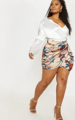 Plus Nude Satin Floral Print Gathered Mini Skirt
