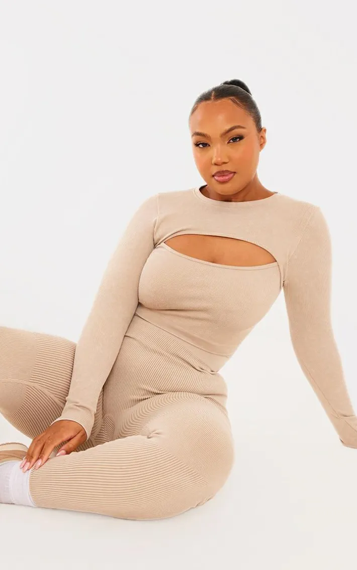 Plus Oatmeal Acid Wash Seamless Cut Out Long Sleeve Crop Top