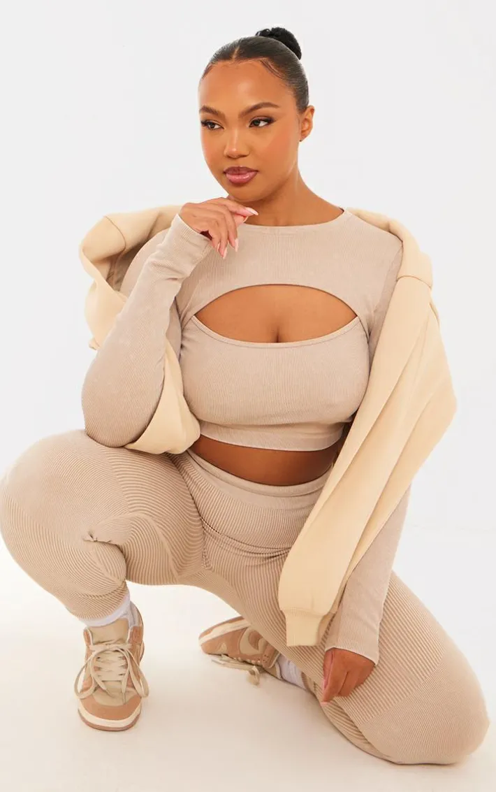 Plus Oatmeal Acid Wash Seamless Cut Out Long Sleeve Crop Top