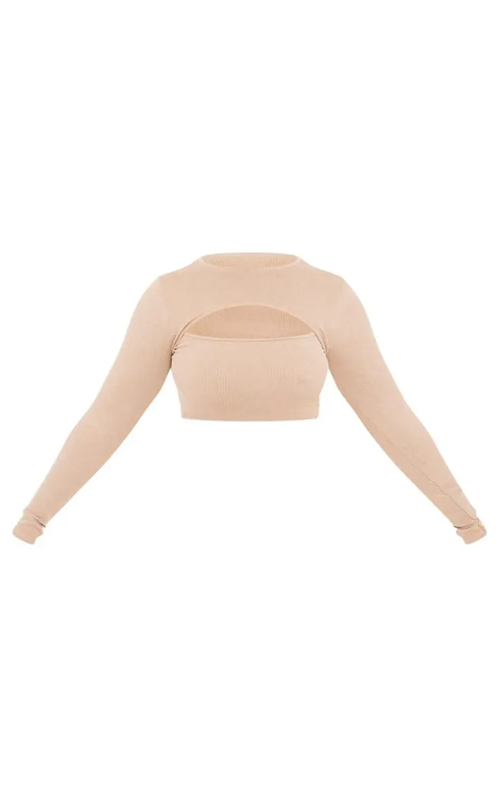 Plus Oatmeal Acid Wash Seamless Cut Out Long Sleeve Crop Top