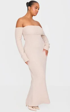 Plus Oatmeal Brushed Rib Bardot Maxi Dress