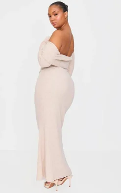Plus Oatmeal Brushed Rib Bardot Maxi Dress