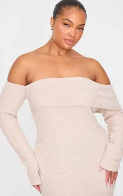 Plus Oatmeal Brushed Rib Bardot Maxi Dress