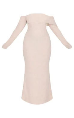 Plus Oatmeal Brushed Rib Bardot Maxi Dress