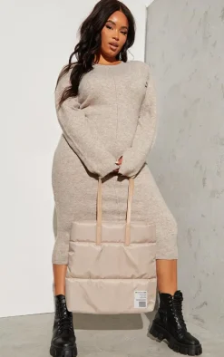 Plus Oatmeal Knitted Seam Front Midaxi Dress