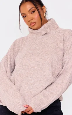 Plus Oatmeal Knitted Slouchy Roll Neck Sweater