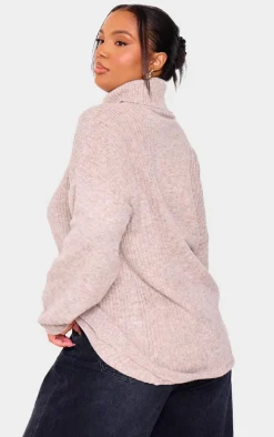 Plus Oatmeal Knitted Slouchy Roll Neck Sweater