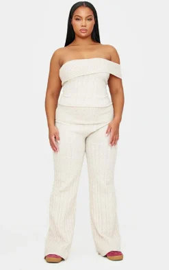 Plus Oatmeal Marl Textured Knit Foldover Wide Leg Pants