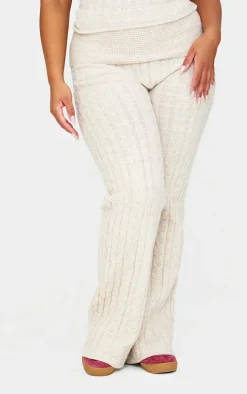 Plus Oatmeal Marl Textured Knit Foldover Wide Leg Pants