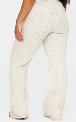 Plus Oatmeal Marl Textured Knit Foldover Wide Leg Pants