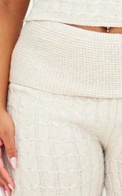 Plus Oatmeal Marl Textured Knit Foldover Wide Leg Pants