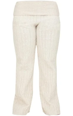 Plus Oatmeal Marl Textured Knit Foldover Wide Leg Pants