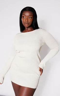 Plus Oatmeal Rib Knit Open Back Mini Dress