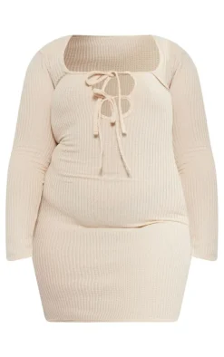 Plus Oatmeal Tie Front Longsleeve Bodycon Dress