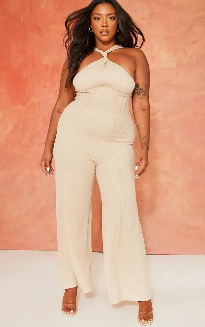 Plus Oatmeal Twist Neck Corset Wide Leg Jumpsuit