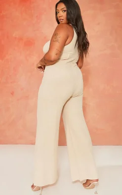 Plus Oatmeal Twist Neck Corset Wide Leg Jumpsuit