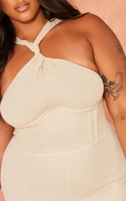 Plus Oatmeal Twist Neck Corset Wide Leg Jumpsuit