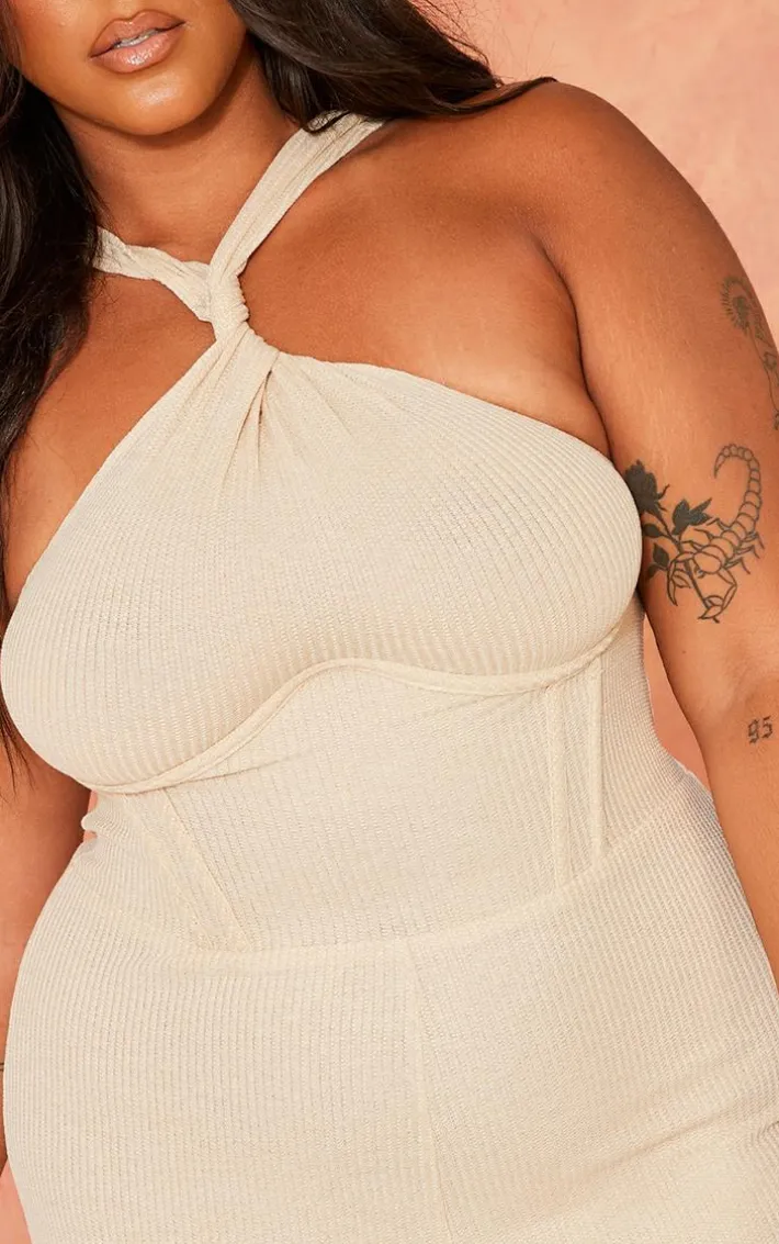 Plus Oatmeal Twist Neck Corset Wide Leg Jumpsuit