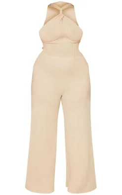 Plus Oatmeal Twist Neck Corset Wide Leg Jumpsuit