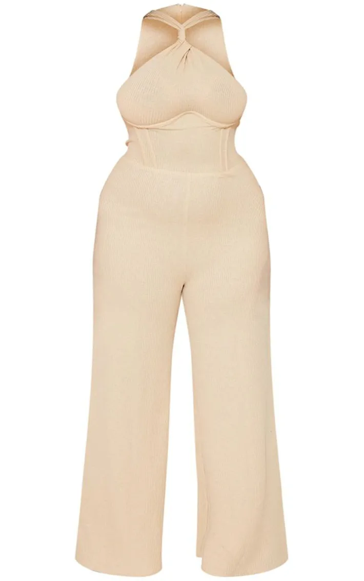 Plus Oatmeal Twist Neck Corset Wide Leg Jumpsuit