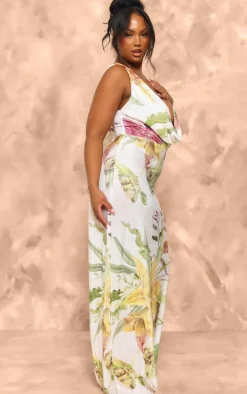 Plus Off White Floral Print Plisse Cowl Plunge Maxi Dress
