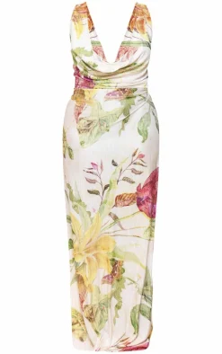 Plus Off White Floral Print Plisse Cowl Plunge Maxi Dress