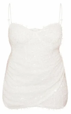 Plus Off White Sequin Feather Drape Mini Dress