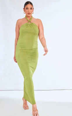 Plus Olive Acetate Slinky Ring Detail Midi Dress