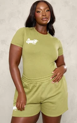 Plus Olive Borg Printed Short Sleeve Bodysuit