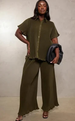 Plus Olive Chiffon Plisse Oversized Wide Leg Pants