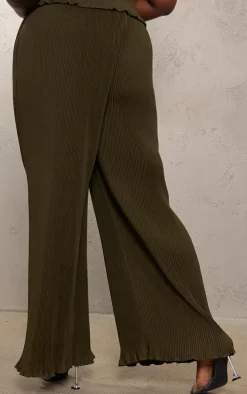 Plus Olive Chiffon Plisse Oversized Wide Leg Pants