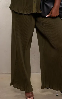 Plus Olive Chiffon Plisse Oversized Wide Leg Pants